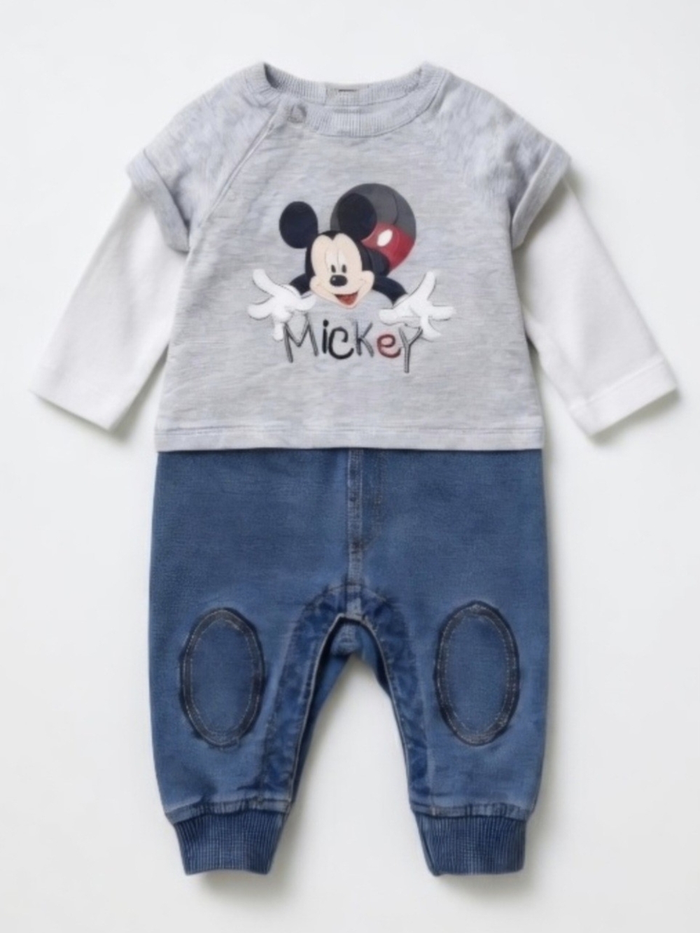 Disney Baby Mickey Mouse Soft Denim Italian Romper One Piece Grey Blue Jumpsuit